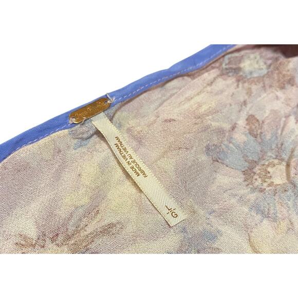 Free People Top Size Large Venice Blue Pink Floral Long Sleeve Bow Tie Semi Crop - Picture 2 of 7